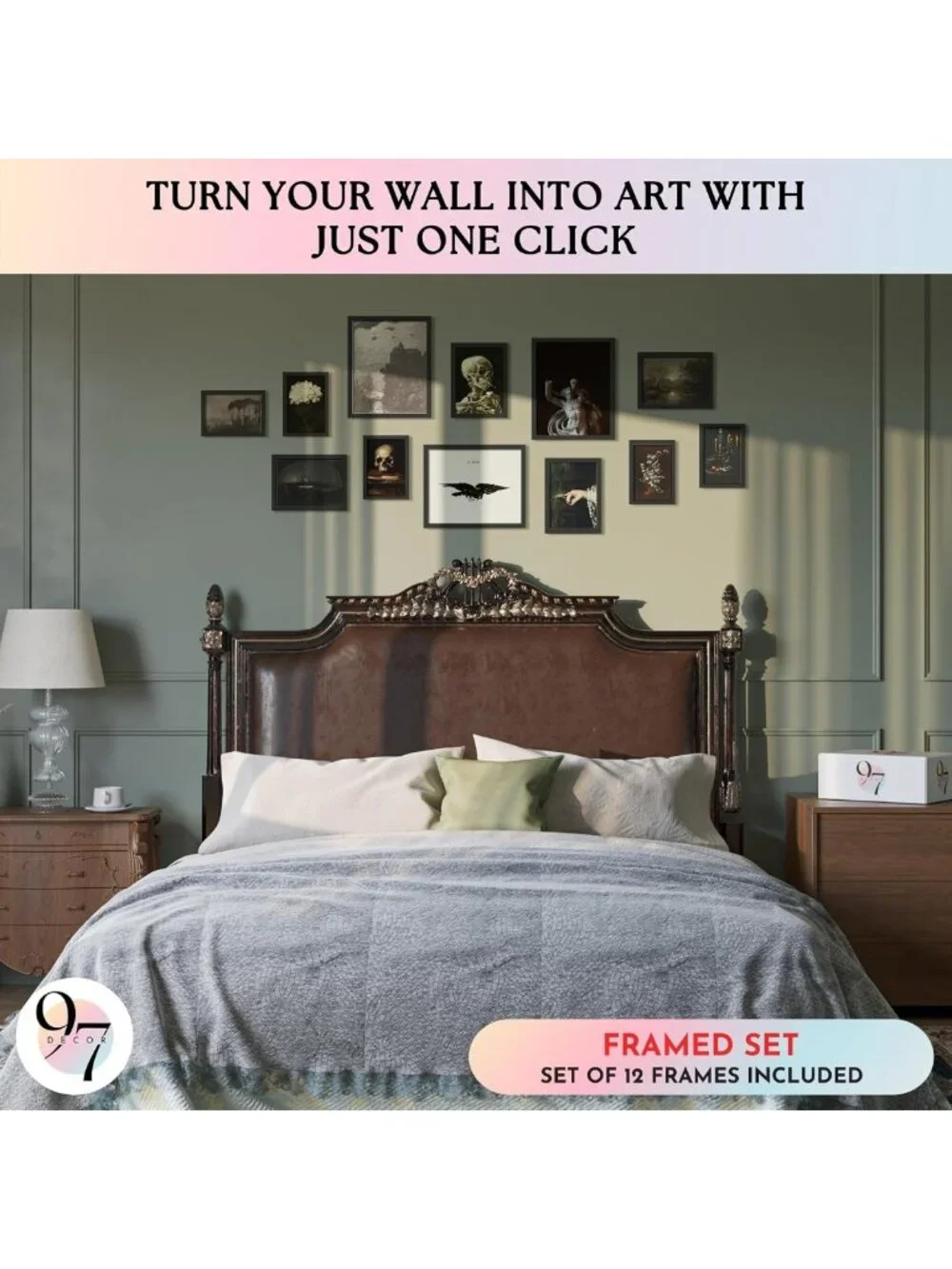 Gothic Wall Art Set - 12 Dark Academia Prints in Black Frame for Home Decor